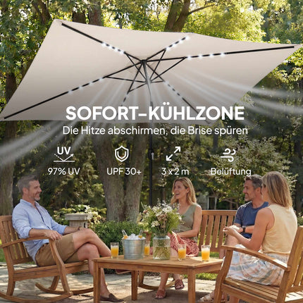 Umbrelă de terasă cu LED-uri solare, crem, UPF 30+, înclinare și manivelă
