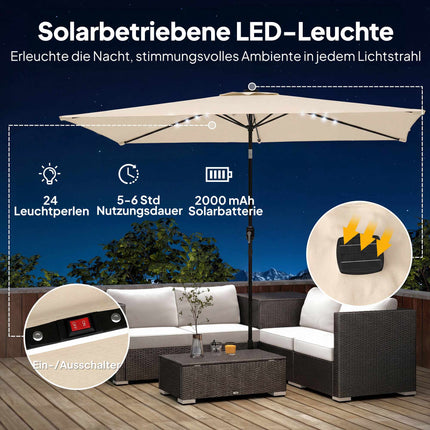 Umbrelă de terasă cu LED-uri solare, crem, UPF 30+, înclinare și manivelă