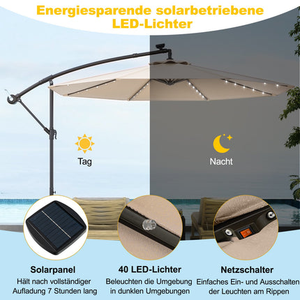 Umbrelă solară de terasă cu 40 de lumini LED, bej, 300 cm