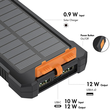 Solar Powerbank 10,000mAh 2xUSB-A + USB-C in/out 12W