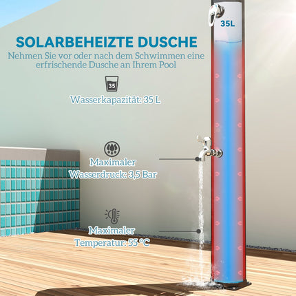 Duș solar Duș solar de grădină de 35 litri cu robinet, cap de duș, duș de mână, tavă laterală, până la 55 °C, duș exterior fără priză, duș la piscină, duș de camping, duș cu efect de ploaie, apă caldă