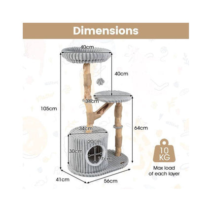 Solid Wood Cat Tree with Real Branches and Scratching Posts, 41 Inch, Grey