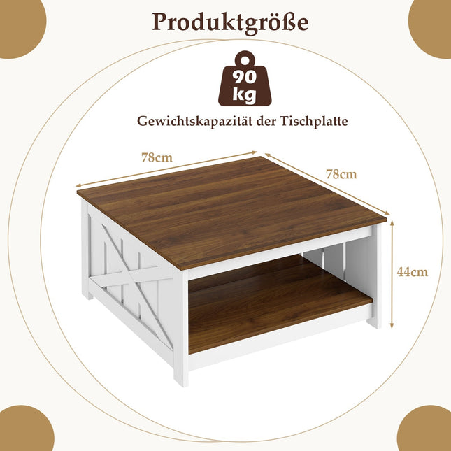 Masă de cafea pătrată cu spațiu de depozitare, 78 cm, alb și maro