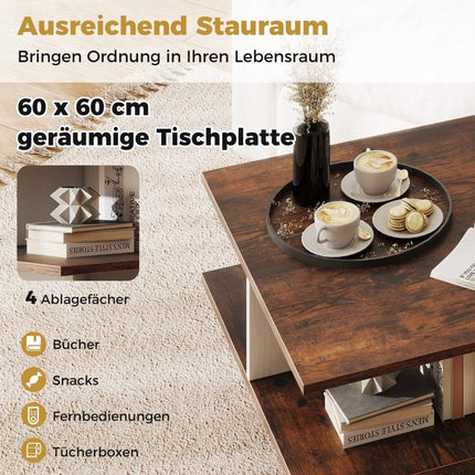 Masuta de cafea patrata din lemn cu 4 rafturi de depozitare, maro rustic