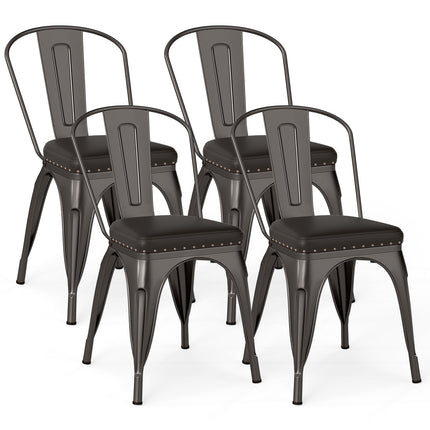 Set de 4 scaune de masă suprapuse, metal, căptușite, spătar detașabil
