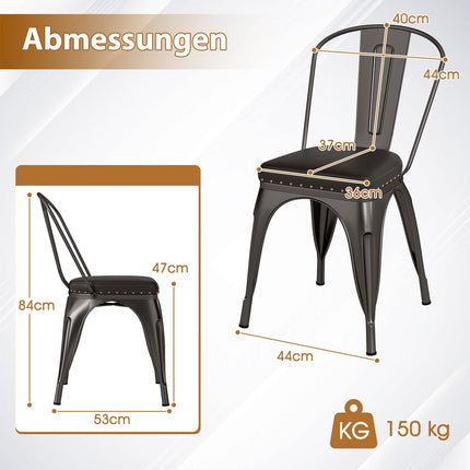 Set de 4 scaune de masă suprapuse, metal, căptușite, spătar detașabil