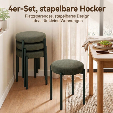 Stackable Dining Stools Set of 4 with Steel Legs, Dark Green, Linen-Look