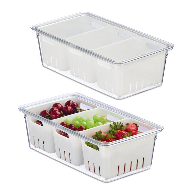 Organizator stivuibil pentru frigider cu 3 coșuri de scurgere