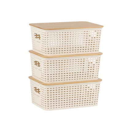 Set de cutii de depozitare stivuibile cu capac din bambus, design perforat