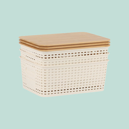 Set de cutii de depozitare stivuibile cu capac din bambus, design perforat