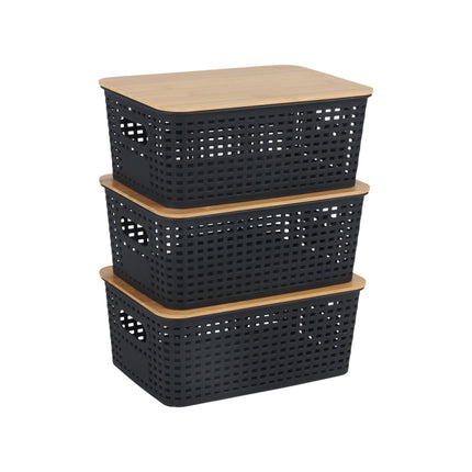 Cutii de depozitare stivuibile cu capace din bambus – Set de 3