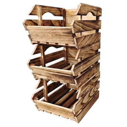 Set de lăzi din lemn stivuibile, finisaj flambat, pachet de 3