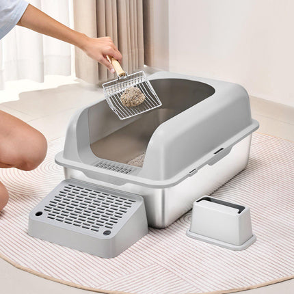 Stainless Steel Cat Litter Box XL, High Sides, Scoop