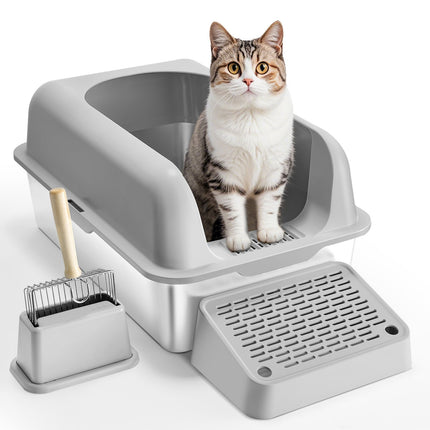 Stainless Steel Cat Litter Box XL, High Sides, Scoop