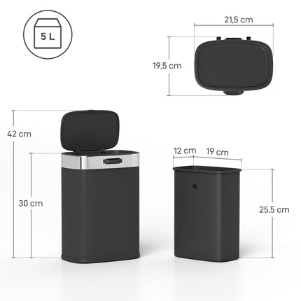 Coș de gunoi de bucătărie din oțel inoxidabil, recipient interior detașabil, negru