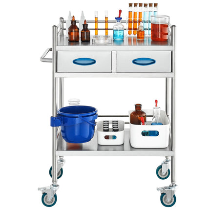 Stainless Steel Lab Cart, 2-Tier, 2 Drawers, Locking Wheels
