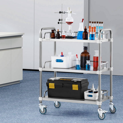 Stainless Steel Lab Rolling Cart, 3-Shelf, Locking Casters