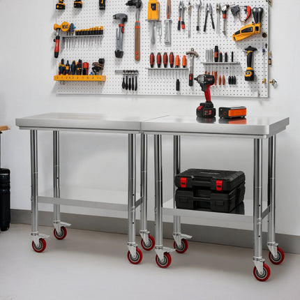 Stainless Steel Work Table 24 x 30 in, Wheels, Shelf