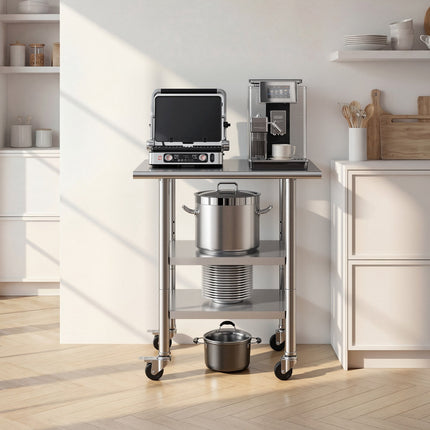 Stainless Steel Work Table 61x76 cm, 2 Shelves, Wheels