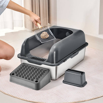 Stainless Steel XL Cat Litter Box, High Sides, Scoop