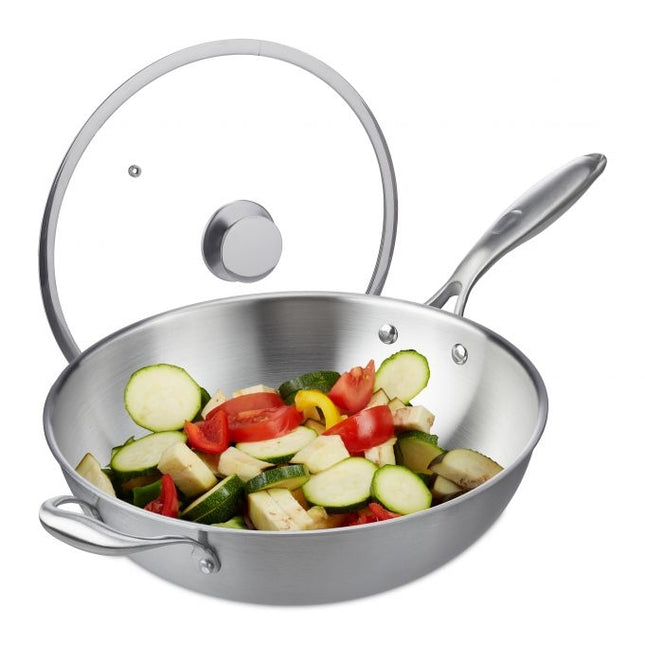 Wok din oțel inoxidabil cu capac din sticlă