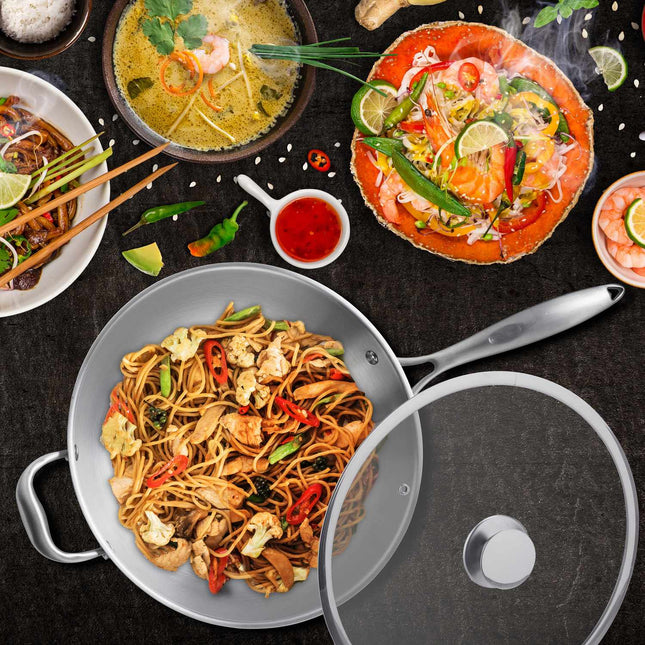 Wok din oțel inoxidabil cu capac din sticlă