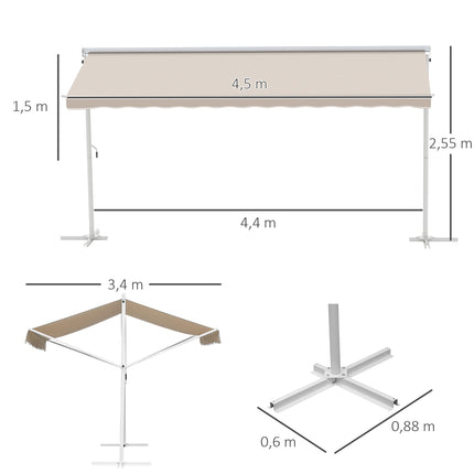 Beige folding patio awning, crank operated, 4.5x3.4M