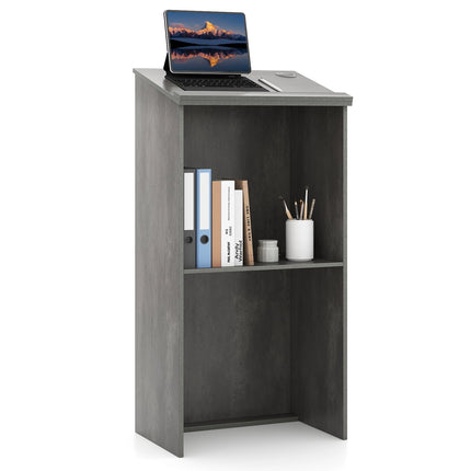 Birou vertical tip podium cu raft și sistem de gestionare a cablurilor, gri