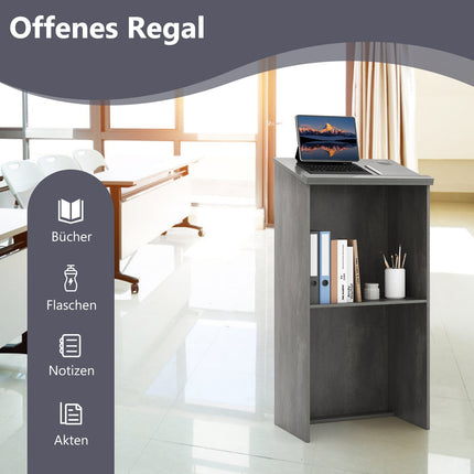 Birou vertical tip podium cu raft și sistem de gestionare a cablurilor, gri