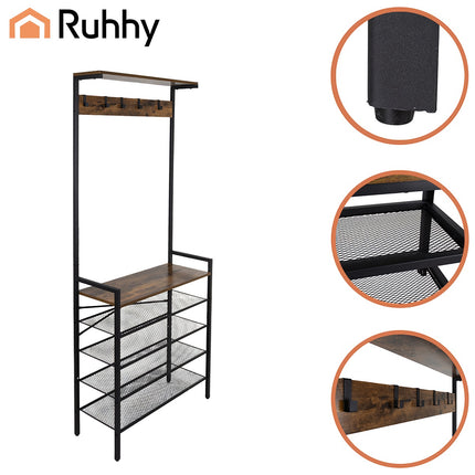 Raft vertical cu cuier – cadru metalic, 4 rafturi, 5 cârlige