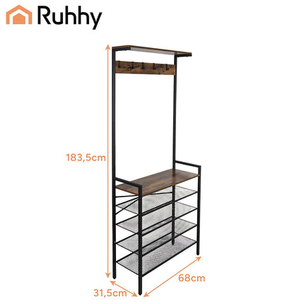Raft vertical cu cuier – cadru metalic, 4 rafturi, 5 cârlige