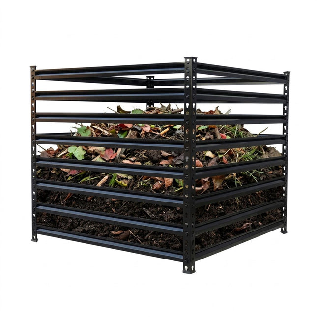 Composter de grădină din oțel, design cu grătare deschise, asamblare ușoară