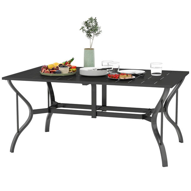Masa de gradina din otel 150x90 cm Masa de balcon rezistenta la intemperii cu orificiu pentru umbrela, design sipci Masa de bufet Masa de camping pentru 6 persoane Masa de patio Masa de sufragerie in aer liber pentru gradina, terasa balcon negru |