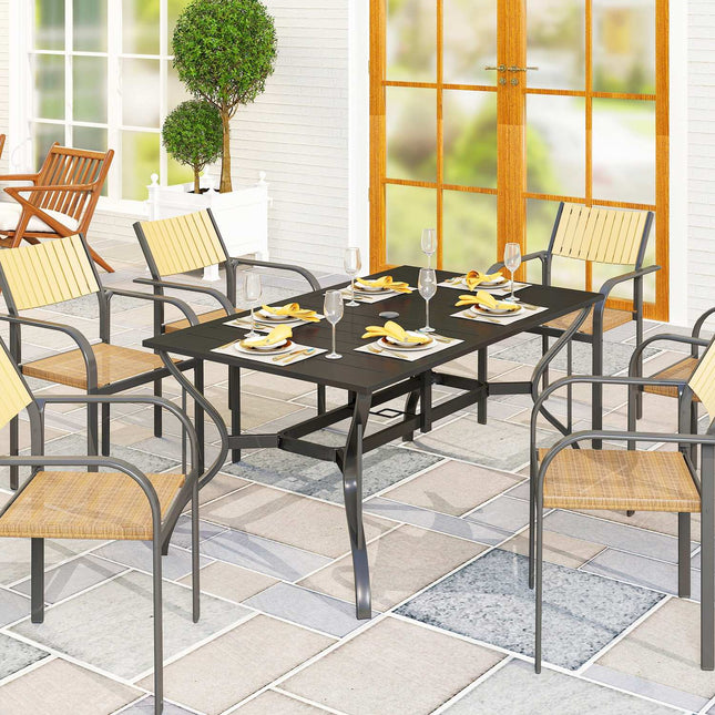 Masa de gradina din otel 150x90 cm Masa de balcon rezistenta la intemperii cu orificiu pentru umbrela, design sipci Masa de bufet Masa de camping pentru 6 persoane Masa de patio Masa de sufragerie in aer liber pentru gradina, terasa balcon negru |