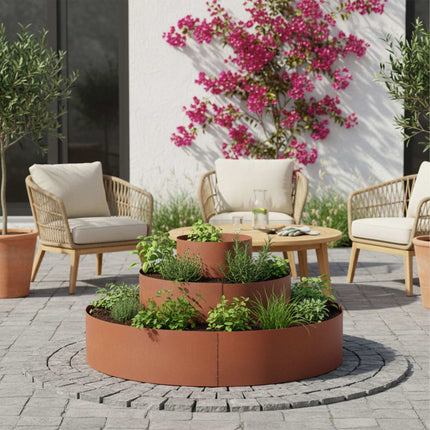 Ghiveci piramidal din oțel pentru plante aromatice, 3 piese, finisaj ruginit, 40/80/120 cm