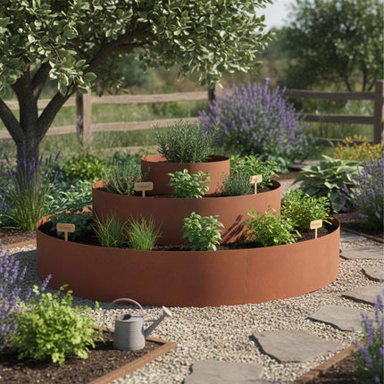 Ghiveci piramidal din oțel pentru plante aromatice, 3 piese, finisaj ruginit, 40/80/120 cm