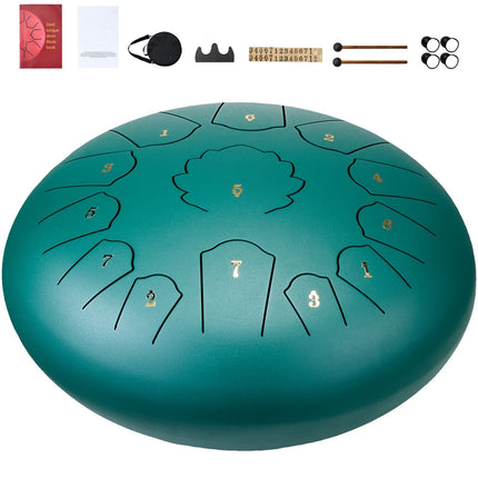 Steel Tongue Drum 12 Inch, 13 Notes C Major, Green, Mallets, Carry Bag