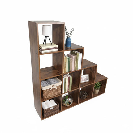 Bibliotecă în trepte, 10 compartimente, finisaj din lemn MDF
