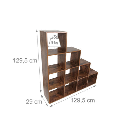 Bibliotecă în trepte, 10 compartimente, finisaj din lemn MDF