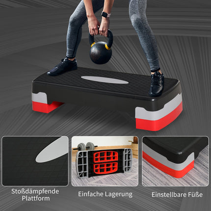 Stepping Board Aerobic Fitness 2 nivele reglabilă pe înălțime (10/20 cm), Stepper pentru bicicletă de exerciții, negru+gri+roșu, 68X28X15Cm