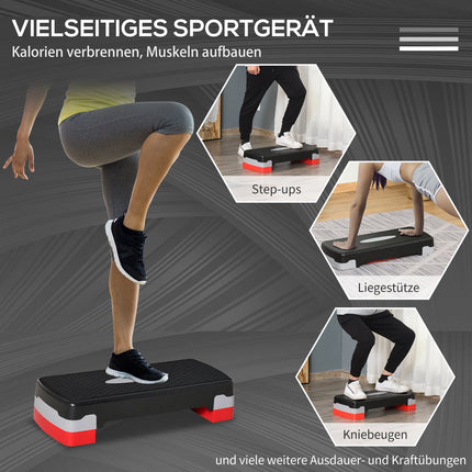 Stepping Board Aerobic Fitness 2 nivele reglabilă pe înălțime (10/20 cm), Stepper pentru bicicletă de exerciții, negru+gri+roșu, 68X28X15Cm