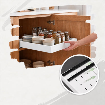 Stick-On Telescopic Drawer for Kitchen Cabinets, 30 kg Load, 42 cm Deep, White