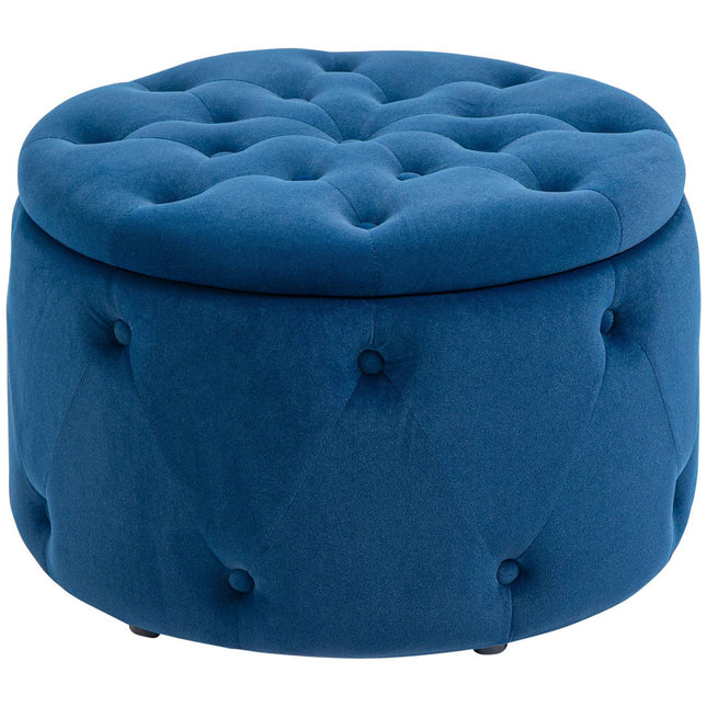 Taburet Cu Spatiu De Depozitare, Cutie Depozitare Taburet Tapitat Cu Capac, Otoman Rotund, Cufa Scaun Cu Aspect Catifea, Albastru, Ø60 X 40 Cm