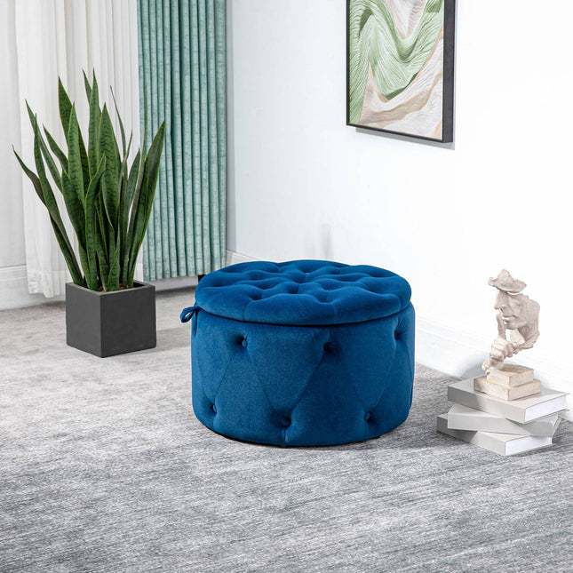 Taburet Cu Spatiu De Depozitare, Cutie Depozitare Taburet Tapitat Cu Capac, Otoman Rotund, Cufa Scaun Cu Aspect Catifea, Albastru, Ø60 X 40 Cm