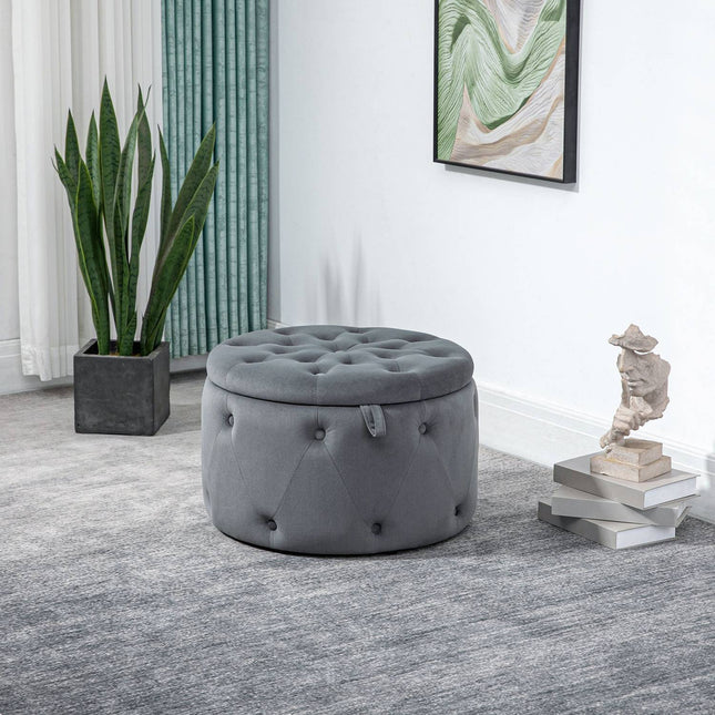 Taburet Cu Spatiu De Depozitare, Cutie Depozitare Taburet Tapitat Cu Capac, Otoman Rotund, Cufa Scaun Cu Aspect Catifea, Gri, Ø60 X 40 Cm