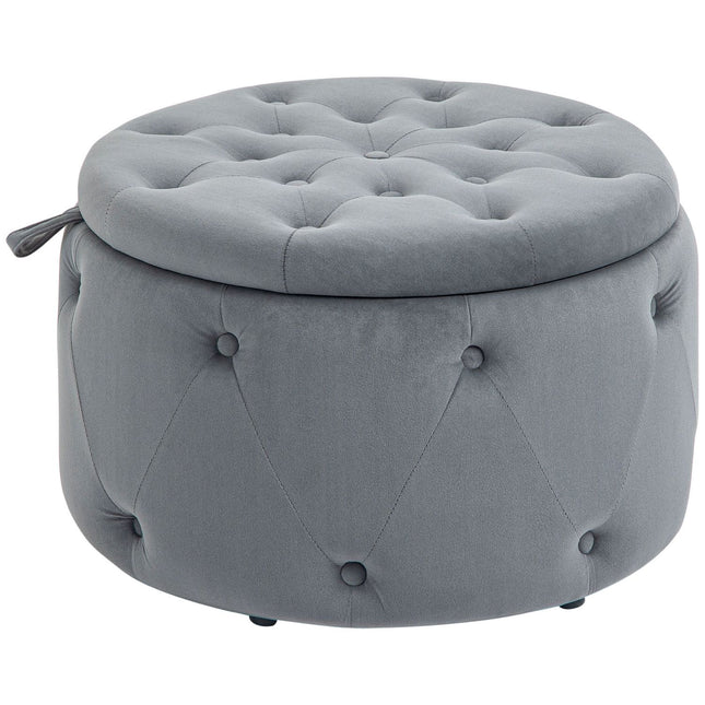 Taburet Cu Spatiu De Depozitare, Cutie Depozitare Taburet Tapitat Cu Capac, Otoman Rotund, Cufa Scaun Cu Aspect Catifea, Gri, Ø60 X 40 Cm