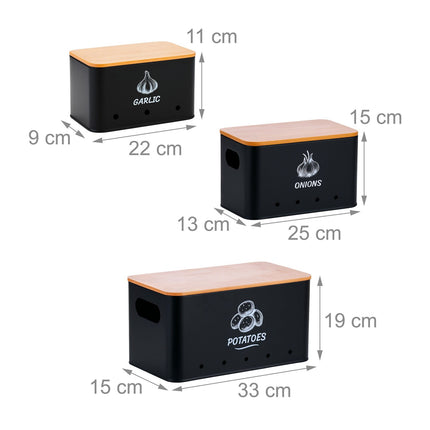 Set cutii de depozitare, 3 bucăți, metal cu capace din bambus