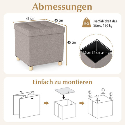 Otoman de depozitare cu stofa de in, 53,5 L, gri, 45x45x45 cm