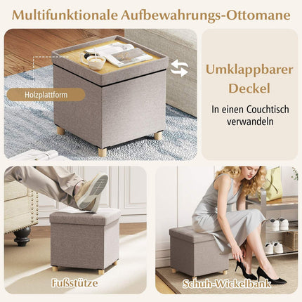 Otoman de depozitare cu stofa de in, 53,5 L, gri, 45x45x45 cm