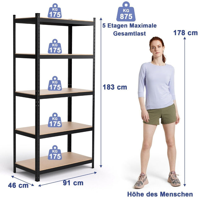 Raft de depozitare, raft pentru sarcini grele, raft cuplat, raft metalic, 5 nivele, raft atelier, 91 x 46 x 183 cm, negru